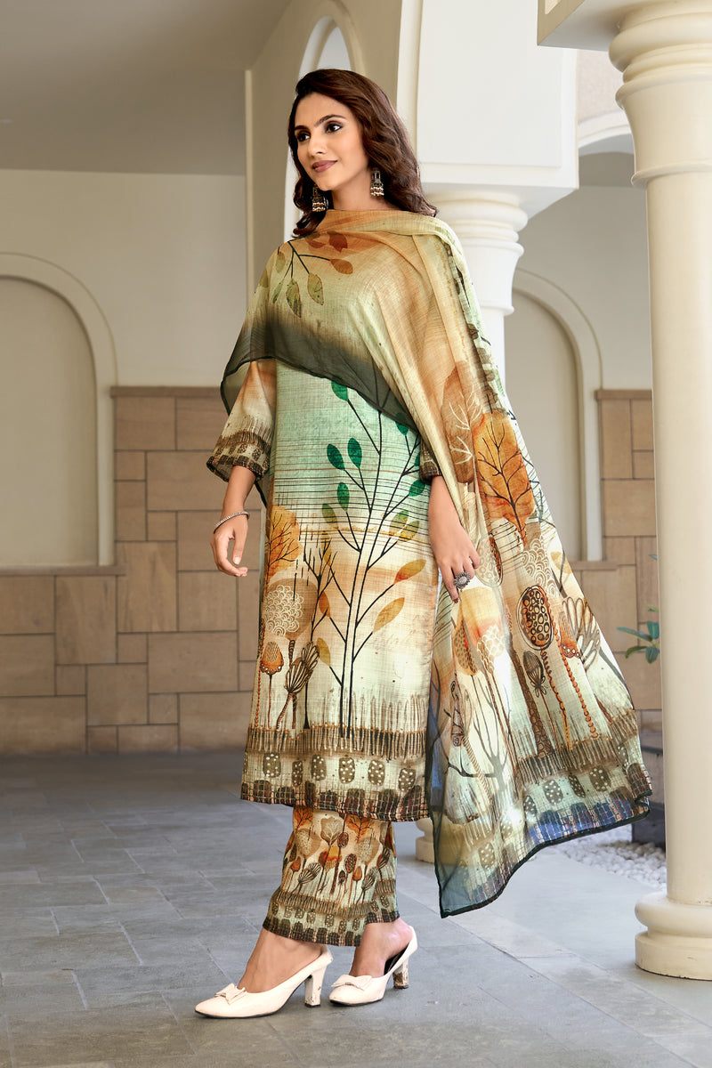 Sea Green Botanical Kurta Set with Dupatta