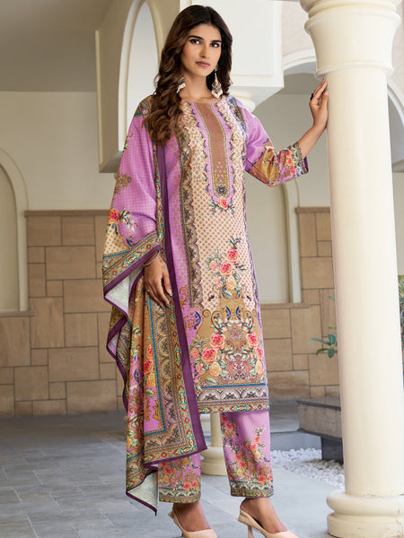 Lilac Mughal Floral Kurta Set with Dupatta