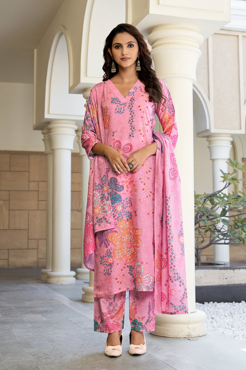 Rose Pink Blossom Kurta Set with Dupatta