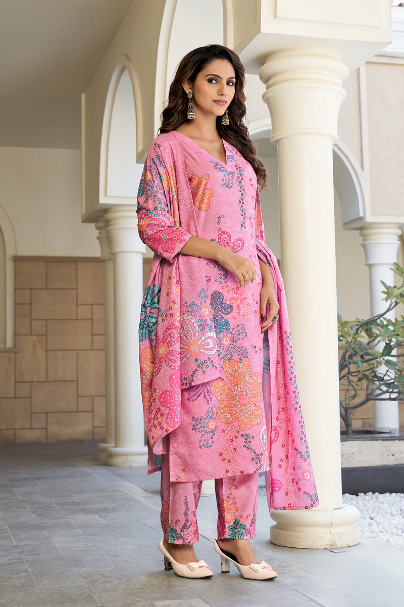 Rose Pink Blossom Kurta Set with Dupatta