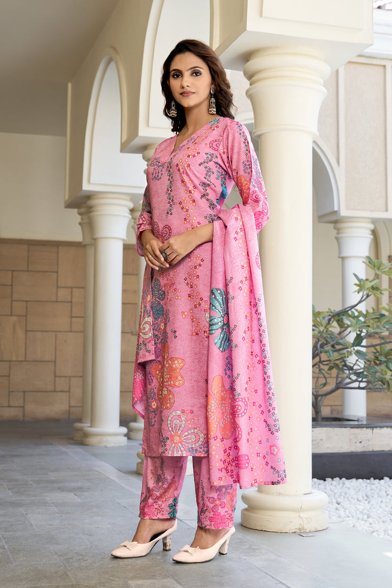 Rose Pink Blossom Kurta Set with Dupatta