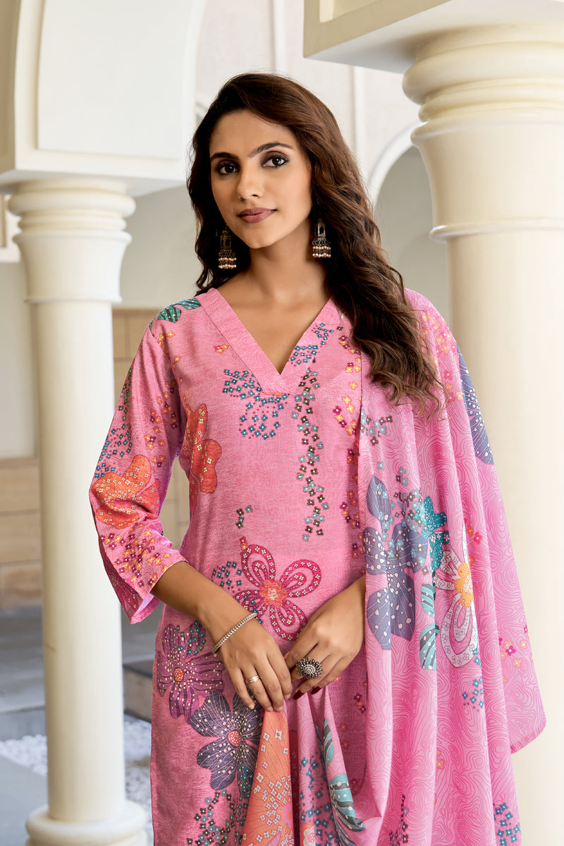 Rose Pink Blossom Kurta Set with Dupatta