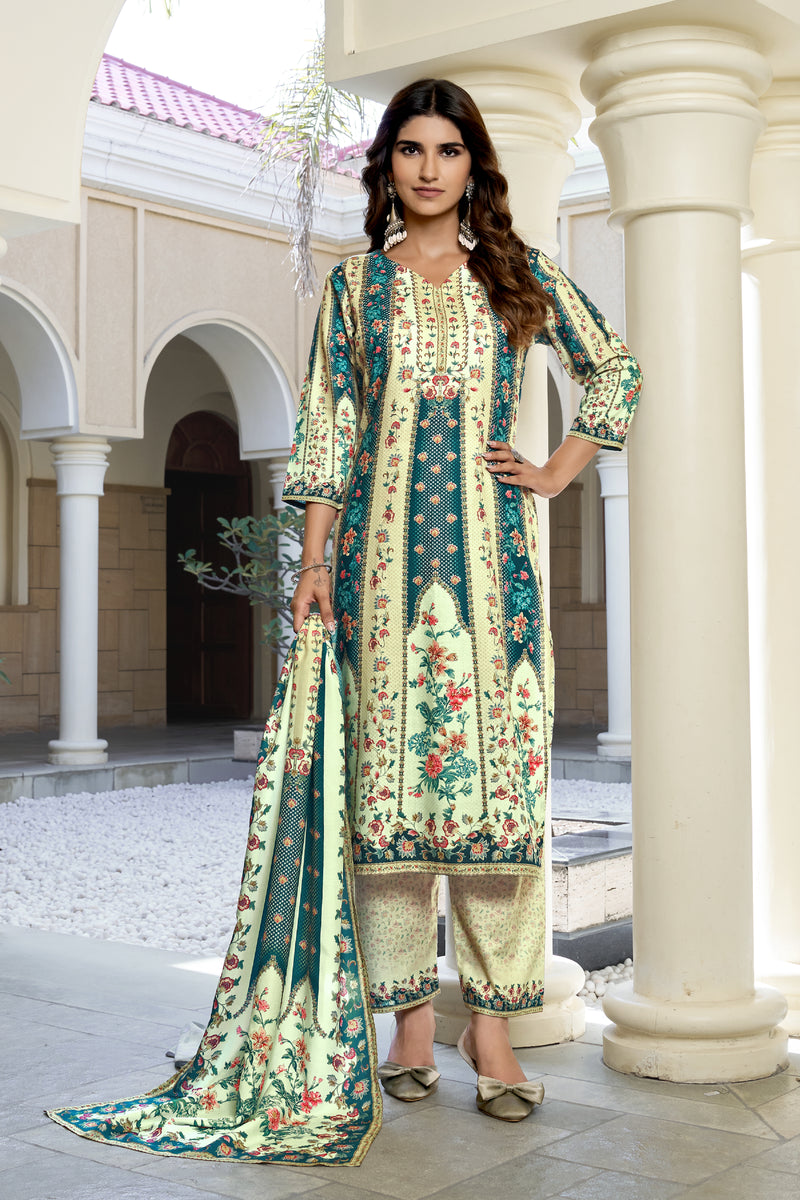 Ivory Teal Floral Kurta Set with Dupatta