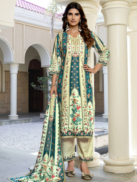 Ivory Teal Floral Kurta Set with Dupatta