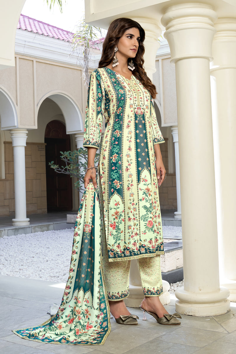 Ivory Teal Floral Kurta Set with Dupatta