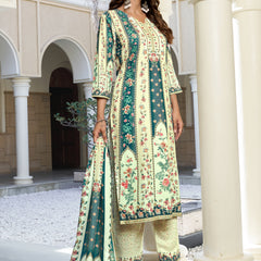 Ivory Teal Floral Kurta Set with Dupatta