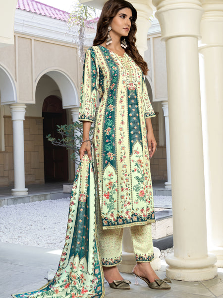 Ivory Teal Floral Kurta Set with Dupatta