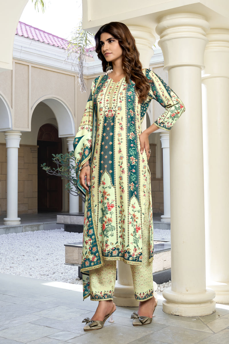 Ivory Teal Floral Kurta Set with Dupatta