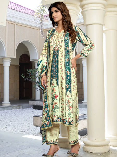 Ivory Teal Floral Kurta Set with Dupatta