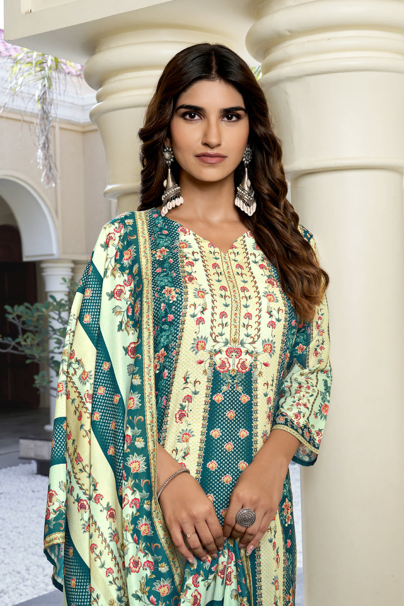 Ivory Teal Floral Kurta Set with Dupatta