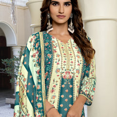 Ivory Teal Floral Kurta Set with Dupatta