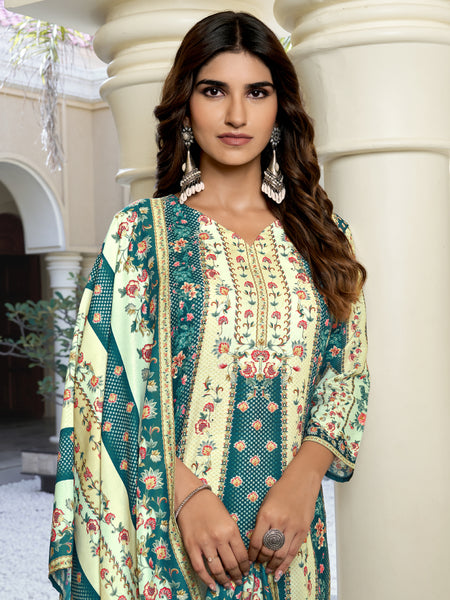 Ivory Teal Floral Kurta Set with Dupatta