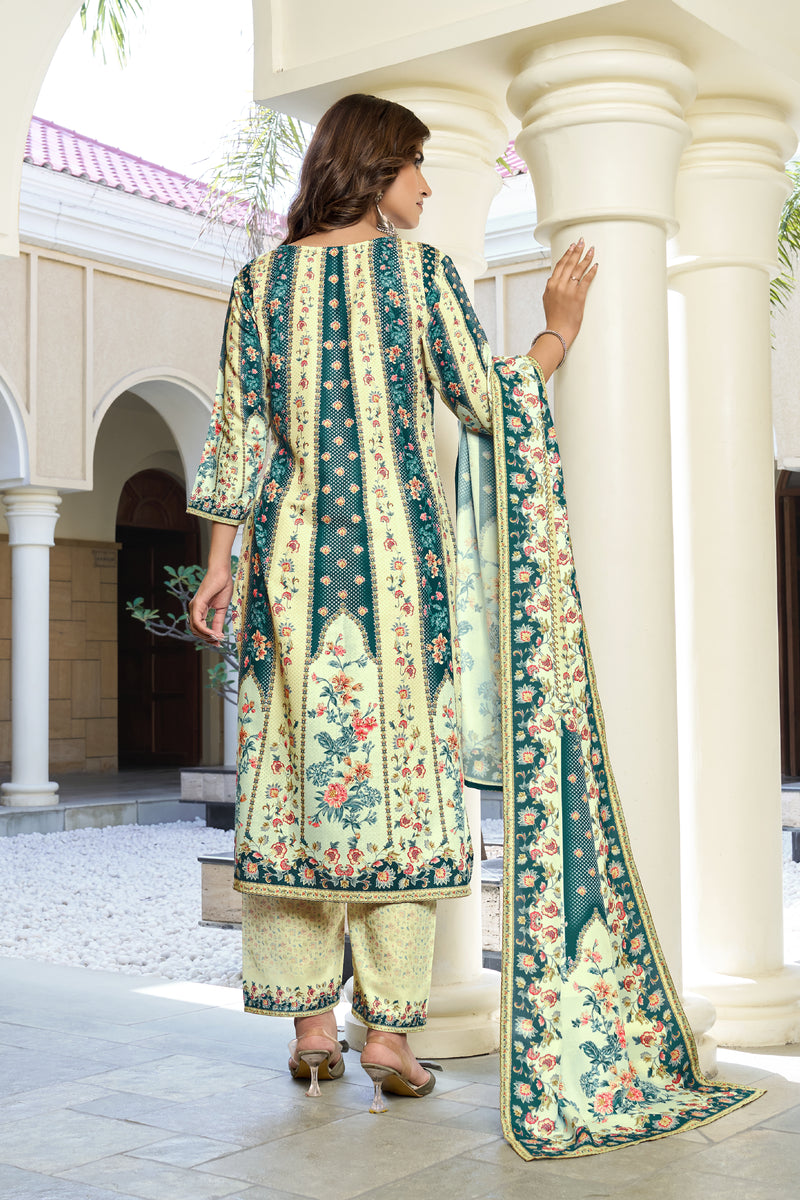 Ivory Teal Floral Kurta Set with Dupatta