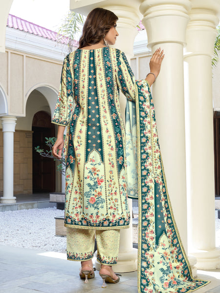 Ivory Teal Floral Kurta Set with Dupatta