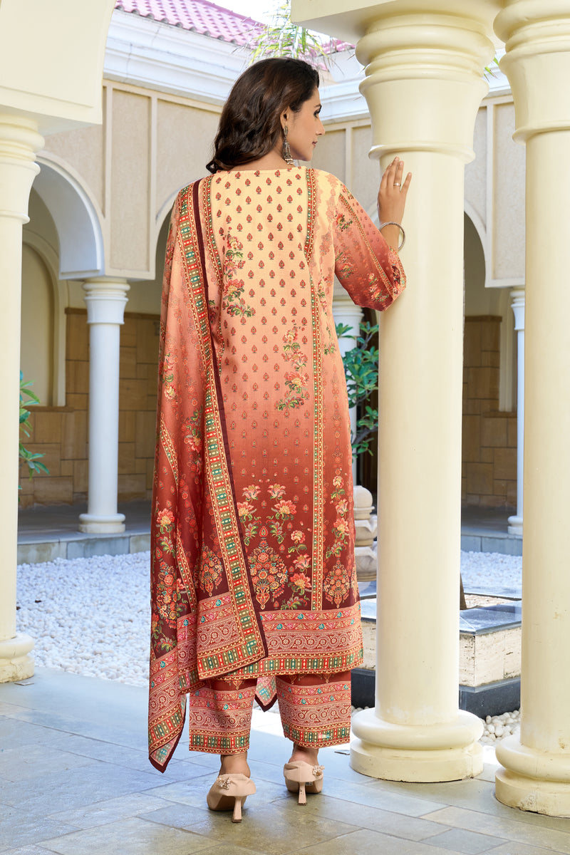 Peach Rust Ombre Floral Printed Kurta Set with Dupatta | Women's 3-Piece Ethnic Wear