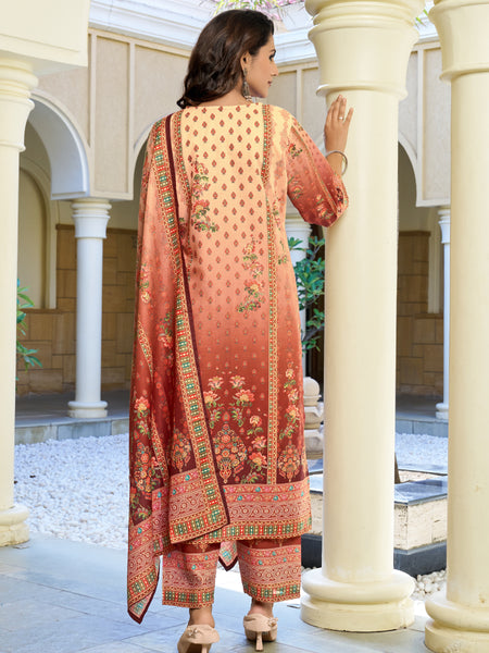 Peach Rust Ombre Floral Printed Kurta Set with Dupatta | Women's 3-Piece Ethnic Wear
