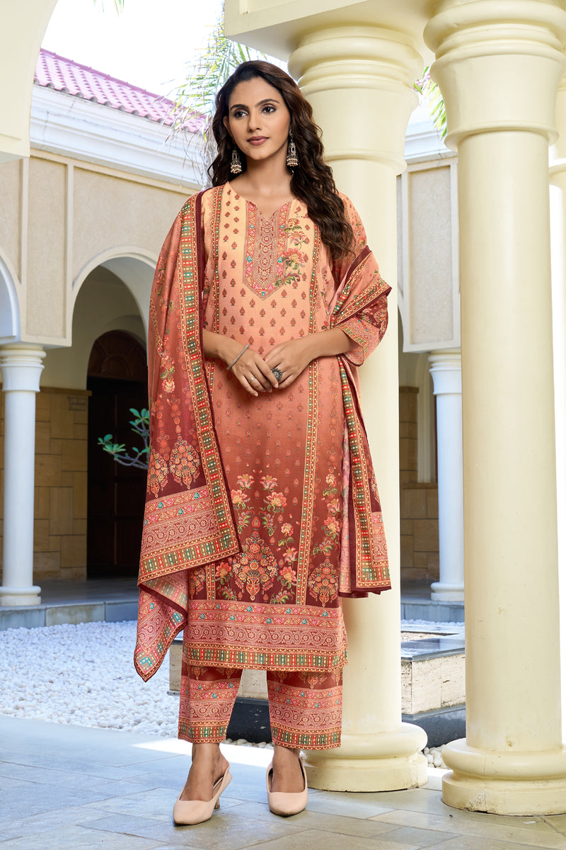 Peach Rust Ombre Floral Printed Kurta Set with Dupatta | Women's 3-Piece Ethnic Wear