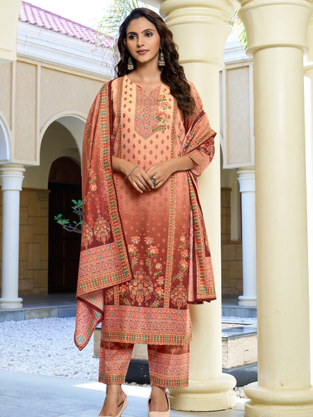 Peach Rust Ombre Floral Printed Kurta Set with Dupatta | Women's 3-Piece Ethnic Wear