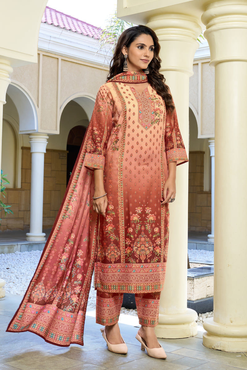Peach Rust Ombre Floral Printed Kurta Set with Dupatta | Women's 3-Piece Ethnic Wear