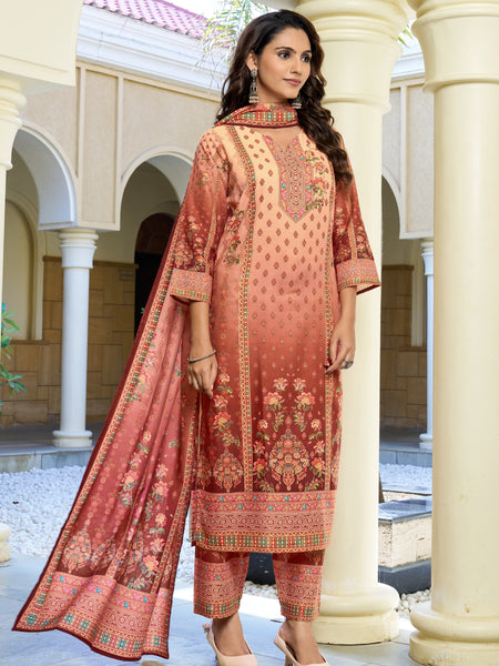 Peach Rust Ombre Floral Printed Kurta Set with Dupatta | Women's 3-Piece Ethnic Wear