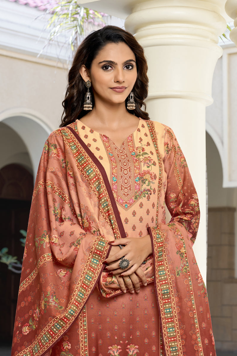 Peach Rust Ombre Floral Printed Kurta Set with Dupatta | Women's 3-Piece Ethnic Wear