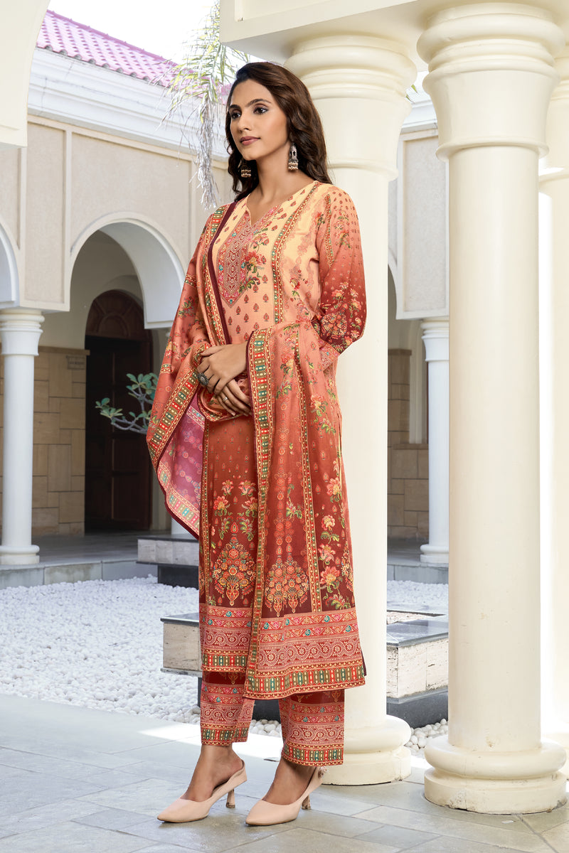 Peach Rust Ombre Floral Printed Kurta Set with Dupatta | Women's 3-Piece Ethnic Wear