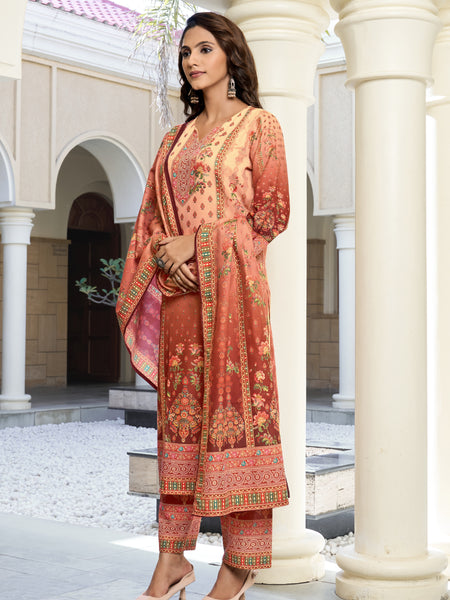 Peach Rust Ombre Floral Printed Kurta Set with Dupatta | Women's 3-Piece Ethnic Wear