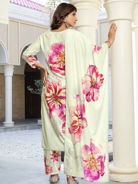 Mint Cream Floral Printed Kurta Set with Dupatta | Women's 3-Piece Ethnic Wear