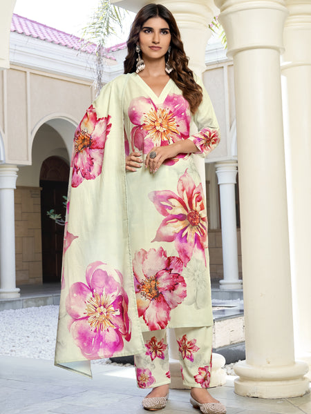 Mint Cream Floral Printed Kurta Set with Dupatta | Women's 3-Piece Ethnic Wear