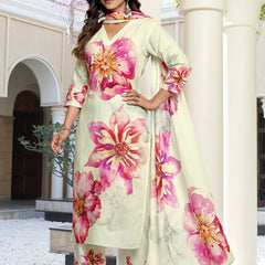 Mint Cream Floral Printed Kurta Set with Dupatta | Women's 3-Piece Ethnic Wear