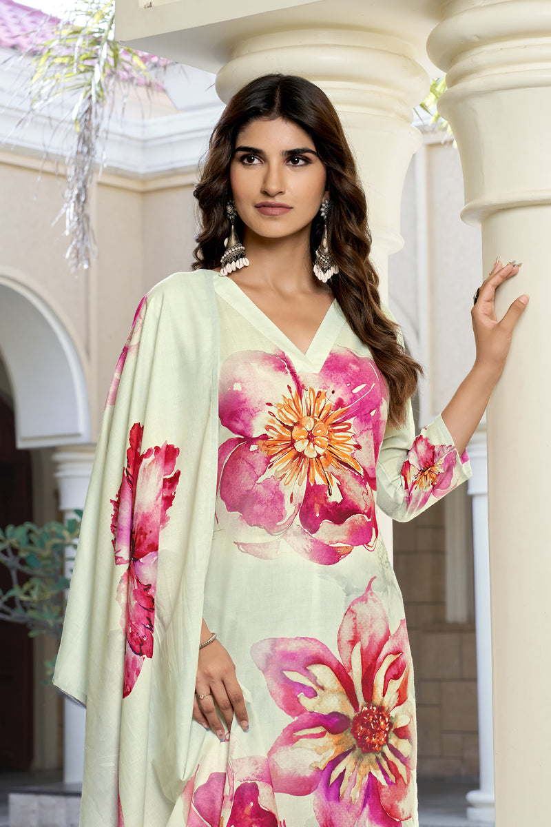 Mint Cream Floral Printed Kurta Set with Dupatta | Women's 3-Piece Ethnic Wear