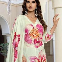 Mint Cream Floral Printed Kurta Set with Dupatta | Women's 3-Piece Ethnic Wear