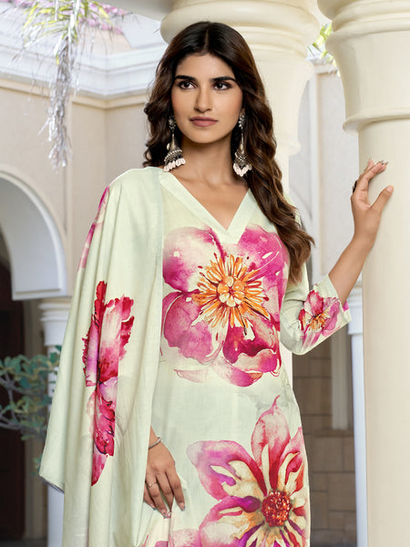 Mint Cream Floral Printed Kurta Set with Dupatta | Women's 3-Piece Ethnic Wear