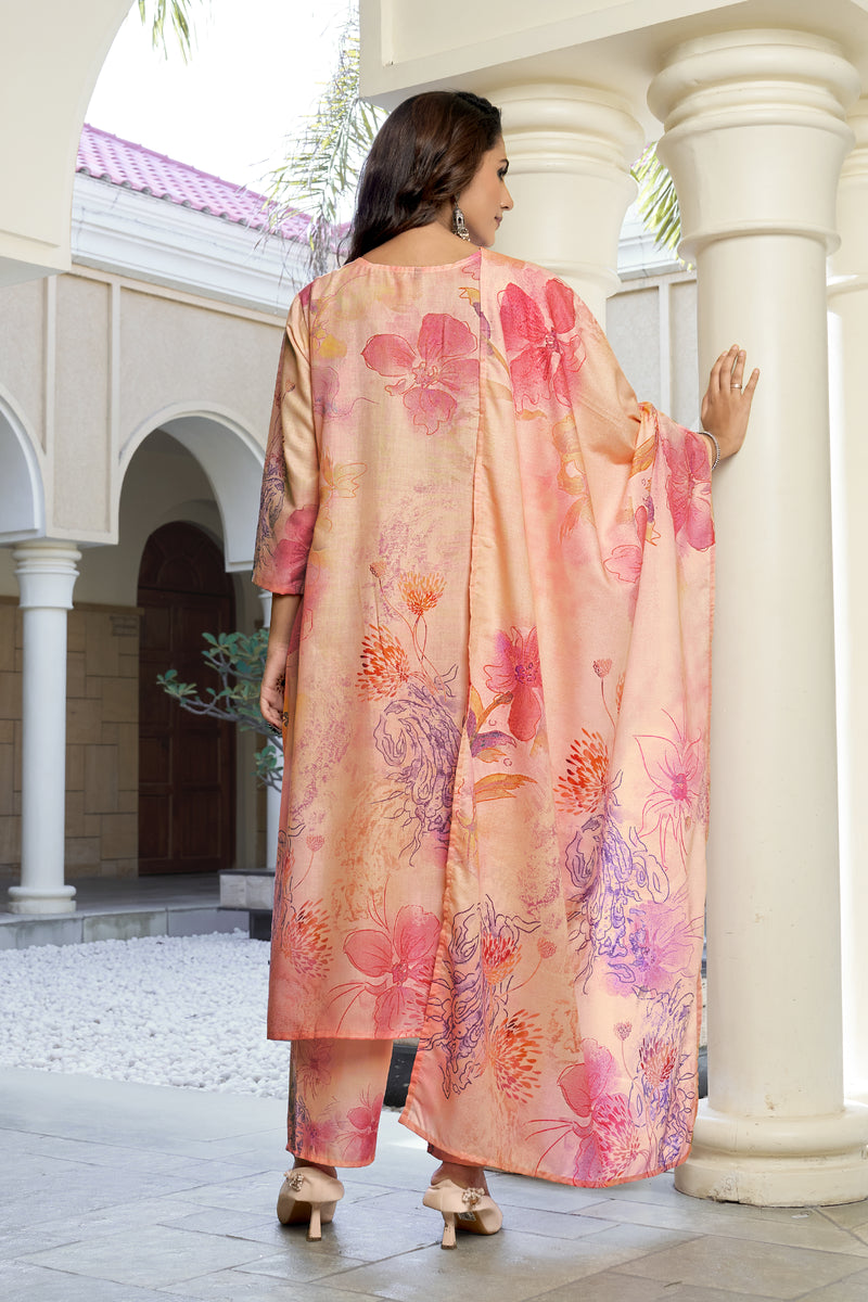 Peach Pink Watercolor Floral Printed Kurta Set with Dupatta | Women's 3-Piece Ethnic Wear