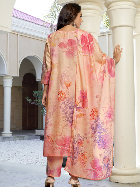 Peach Pink Watercolor Floral Printed Kurta Set with Dupatta | Women's 3-Piece Ethnic Wear
