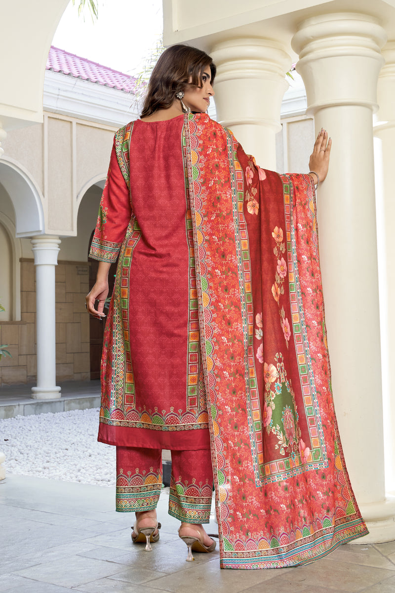 Coral Red Floral Printed Kurta Set with Dupatta | Women's 3-Piece Ethnic Wear