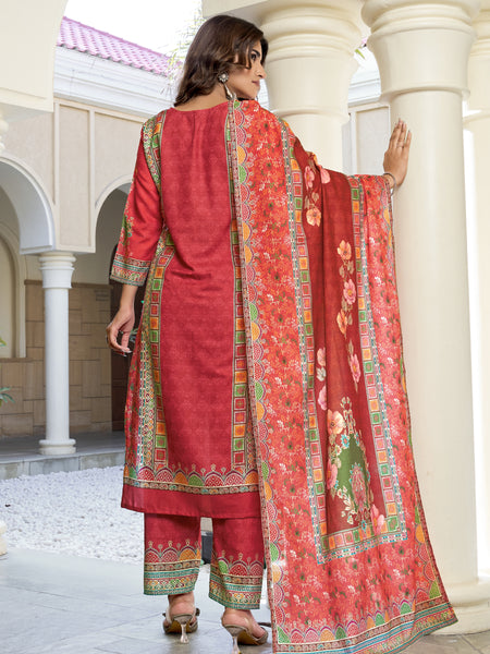 Coral Red Floral Printed Kurta Set with Dupatta | Women's 3-Piece Ethnic Wear