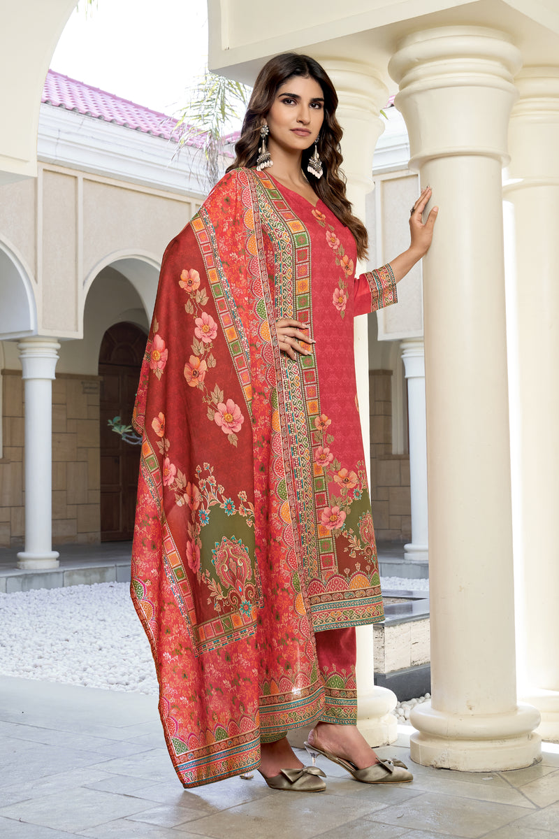 Coral Red Floral Printed Kurta Set with Dupatta | Women's 3-Piece Ethnic Wear
