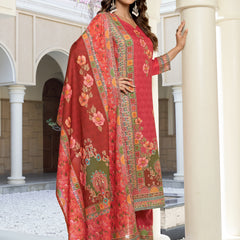 Coral Red Floral Printed Kurta Set with Dupatta | Women's 3-Piece Ethnic Wear