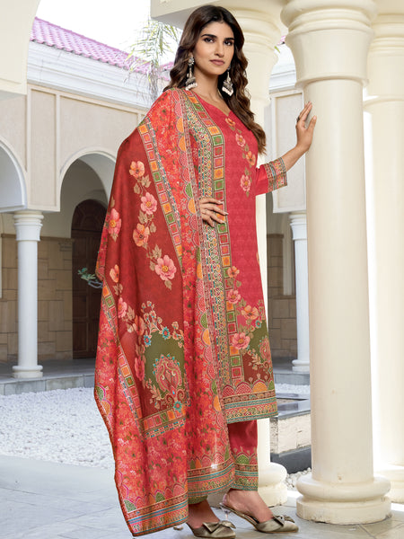 Coral Red Floral Printed Kurta Set with Dupatta | Women's 3-Piece Ethnic Wear