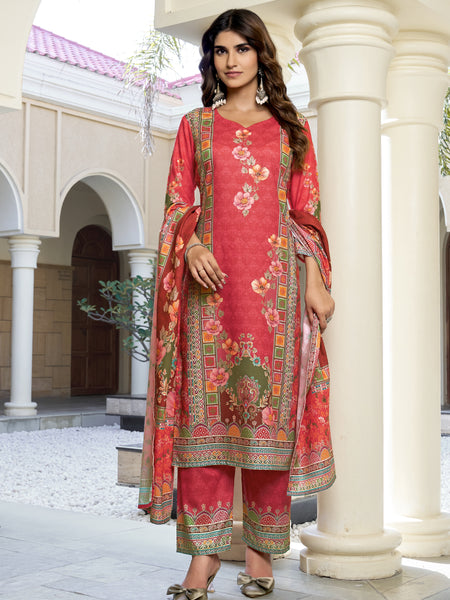 Coral Red Floral Printed Kurta Set with Dupatta | Women's 3-Piece Ethnic Wear