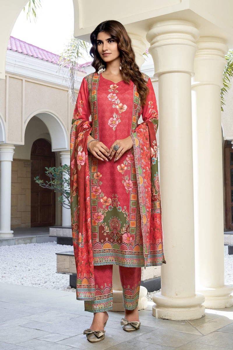 Coral Red Floral Printed Kurta Set with Dupatta | Women's 3-Piece Ethnic Wear