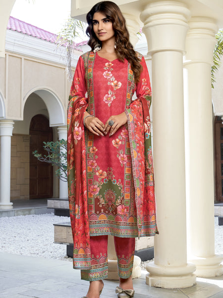 Coral Red Floral Printed Kurta Set with Dupatta | Women's 3-Piece Ethnic Wear
