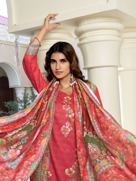 Coral Red Floral Printed Kurta Set with Dupatta | Women's 3-Piece Ethnic Wear