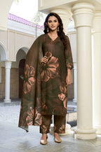 Olive Brown Floral Printed Kurta Set with Dupatta | Women's 3-Piece Ethnic Wear