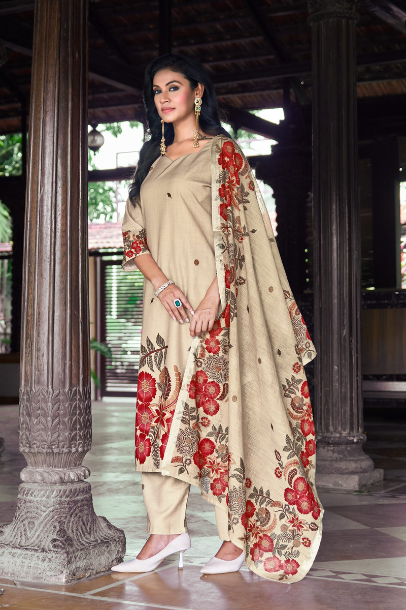 Beige Kurta Set with Red Floral Printed Dupatta | Women's 3-Piece Ethnic Wear