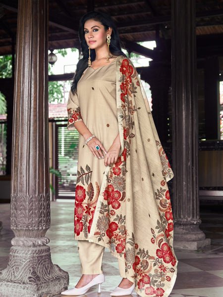 Beige Kurta Set with Red Floral Printed Dupatta | Women's 3-Piece Ethnic Wear