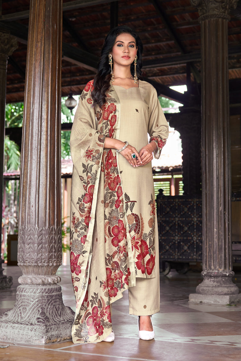Beige Kurta Set with Red Floral Printed Dupatta | Women's 3-Piece Ethnic Wear