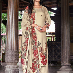 Beige Kurta Set with Red Floral Printed Dupatta | Women's 3-Piece Ethnic Wear