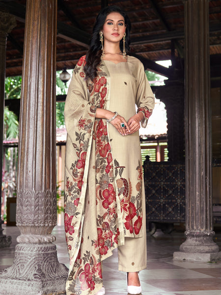 Beige Kurta Set with Red Floral Printed Dupatta | Women's 3-Piece Ethnic Wear